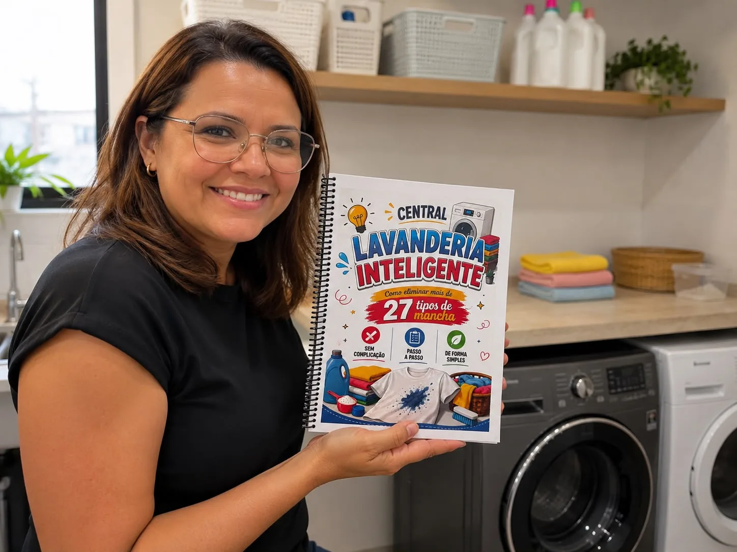 Mulher apresentando o manual ao lado da máquina